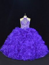 Ball Gowns Quinceanera Dresses Purple Halter Top Organza Sleeveless Floor Length Lace Up
