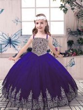 Dazzling Purple Tulle Lace Up Little Girls Pageant Dress Sleeveless Floor Length Beading and Embroidery