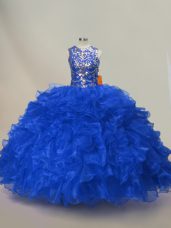 Fancy Floor Length Royal Blue Quince Ball Gowns Scoop Sleeveless Lace Up