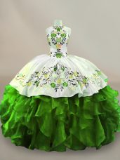 Top Selling Green Organza Lace Up Quinceanera Gown Sleeveless Floor Length Embroidery