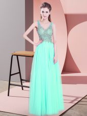 Apple Green V-neck Neckline Beading Prom Dresses Sleeveless Zipper