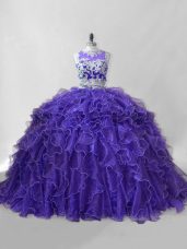 Dynamic Purple Sleeveless Brush Train Beading and Ruffles Ball Gown Prom Dress