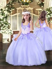 Perfect Lavender Lace Up Straps Beading Evening Gowns Organza Sleeveless