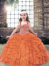 Tulle Straps Sleeveless Lace Up Beading and Ruffles Girls Pageant Dresses in Orange Red