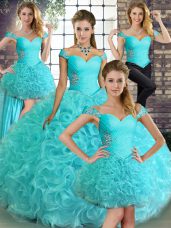 Artistic Aqua Blue Ball Gowns Beading Sweet 16 Dresses Lace Up Fabric With Rolling Flowers Sleeveless Floor Length
