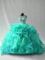 Turquoise Organza Lace Up Scoop Sleeveless Floor Length Sweet 16 Quinceanera Dress Beading and Ruffles