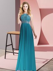 Floor Length Backless Evening Dress Teal for Prom and Party with Beading