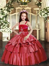 Red Taffeta Lace Up Straps Sleeveless Floor Length Pageant Gowns For Girls Beading and Ruffled Layers