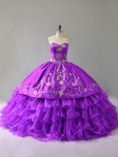 Purple Ball Gowns Organza Sweetheart Sleeveless Embroidery and Ruffles Floor Length Lace Up Quinceanera Dresses