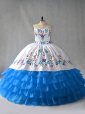 Floor Length Blue And White Ball Gown Prom Dress Sweetheart Sleeveless Lace Up