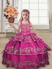 Dramatic Sleeveless Satin Floor Length Lace Up Little Girls Pageant Dress in Fuchsia with Embroidery and Ruffled Layers
