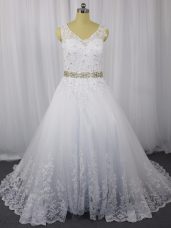 Perfect White A-line Beading and Lace Wedding Gowns Zipper Tulle Sleeveless