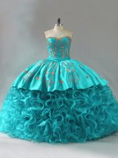 Aqua Blue Sleeveless Embroidery and Ruffles Lace Up 15 Quinceanera Dress