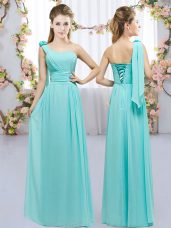 Custom Made Chiffon One Shoulder Sleeveless Lace Up Hand Made Flower Quinceanera Court of Honor Dress in Aqua Blue