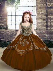 Brown Sleeveless Floor Length Beading and Embroidery Lace Up Girls Pageant Dresses