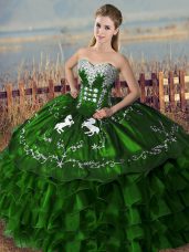 Glittering Embroidery and Ruffles Sweet 16 Dresses Green Lace Up Sleeveless Floor Length