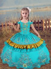 Floor Length Aqua Blue Pageant Dress Toddler Satin Sleeveless Beading and Embroidery