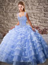 Low Price Lavender Sleeveless Organza Court Train Lace Up Quinceanera Dresses for Sweet 16 and Quinceanera