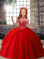 Ball Gowns Little Girls Pageant Gowns Red Halter Top Tulle Sleeveless Floor Length Lace Up