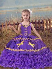 Graceful Lavender Sleeveless Beading and Embroidery and Ruffled Layers Floor Length Little Girls Pageant Gowns