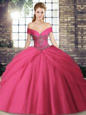 Sexy Hot Pink Ball Gowns Beading and Pick Ups Ball Gown Prom Dress Lace Up Tulle Sleeveless