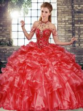 Affordable Halter Top Sleeveless Lace Up Quinceanera Gowns Coral Red Organza
