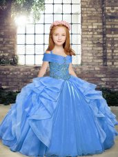 Gorgeous Blue Ball Gowns Beading and Ruffles Pageant Dresses Lace Up Organza Sleeveless Floor Length