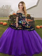 Purple Ball Gowns Off The Shoulder Sleeveless Tulle Floor Length Lace Up Embroidery Ball Gown Prom Dress