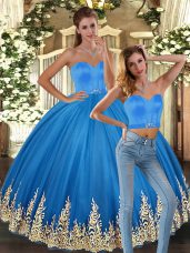 Classical Baby Blue Two Pieces Tulle Sweetheart Sleeveless Embroidery Floor Length Lace Up 15 Quinceanera Dress