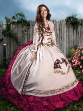 Trendy Sweetheart Sleeveless Quinceanera Dresses Floor Length Embroidery and Ruffles Hot Pink Satin