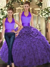 Low Price Purple Two Pieces Ruffles Sweet 16 Quinceanera Dress Lace Up Organza Sleeveless Floor Length