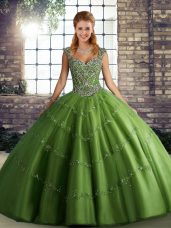 High Quality Floor Length Lace Up Quinceanera Gowns Green for Military Ball and Sweet 16 and Quinceanera with Beading and Appliques