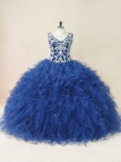 Hot Sale Sleeveless Tulle Floor Length Backless Sweet 16 Dresses in Navy Blue with Embroidery and Ruffles