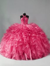 Top Selling Hot Pink Halter Top Zipper Beading and Ruffles Quinceanera Gown Sleeveless