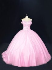 Baby Pink Sleeveless Court Train Beading Vestidos de Quinceanera