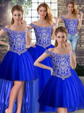 Royal Blue Tulle Lace Up Vestidos de Quinceanera Sleeveless Brush Train Beading