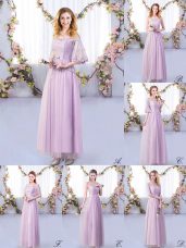 Exquisite Floor Length Lavender Bridesmaid Gown Off The Shoulder Half Sleeves Side Zipper