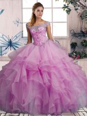 Beading and Ruffles Quinceanera Dress Lilac Lace Up Sleeveless Floor Length