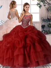 New Style Wine Red Ball Gowns Beading and Pick Ups Ball Gown Prom Dress Zipper Organza Sleeveless