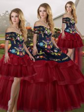 Wine Red Ball Gowns Embroidery and Ruffled Layers 15th Birthday Dress Lace Up Tulle Sleeveless