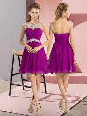 Mini Length Purple Quinceanera Court Dresses Chiffon Cap Sleeves Beading