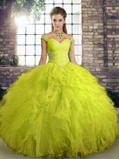 Free and Easy Floor Length Yellow Green Vestidos de Quinceanera Tulle Sleeveless Beading and Ruffles