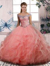 Watermelon Red Sleeveless Tulle Lace Up 15 Quinceanera Dress for Sweet 16 and Quinceanera