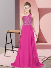 Sleeveless Floor Length Beading Side Zipper Prom Dress with Fuchsia