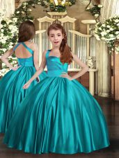 Hot Sale Teal Satin Lace Up Straps Sleeveless Floor Length Evening Gowns Ruching