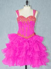 Mini Length Lace Up Dress for Prom Fuchsia for Prom and Party with Beading and Ruffled Layers