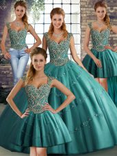 Sleeveless Tulle Floor Length Lace Up Vestidos de Quinceanera in Teal with Beading and Appliques