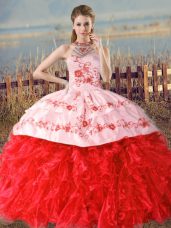 Red Lace Up Sweet 16 Dress Embroidery and Ruffles Sleeveless Floor Length Court Train