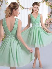 Sleeveless Knee Length Beading Zipper Bridesmaid Dresses with Apple Green