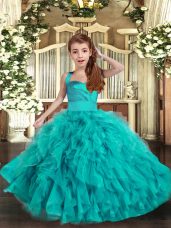 Simple Aqua Blue Ball Gowns Tulle Straps Sleeveless Ruffles Floor Length Lace Up Little Girls Pageant Dress